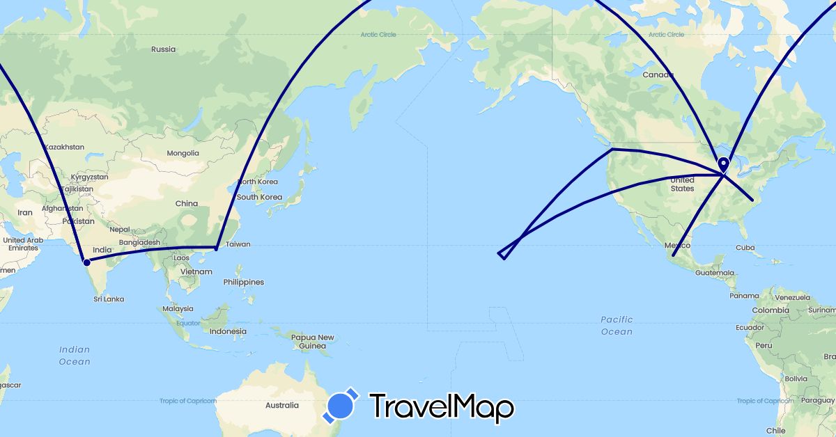 TravelMap itinerary: driving in China, India, Mexico, United States (Asia, North America)